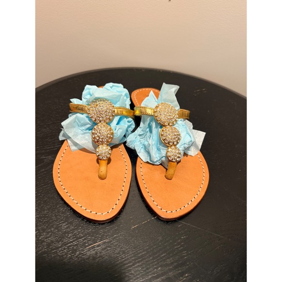 Mystique Shoes - Mystique Gold Jeweled Leather Thong Sandals Womens 6 Crystal Embellished Flat